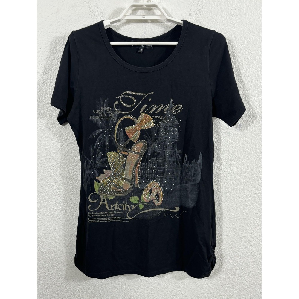 Pretty Angel Shirt Womens Small Medium Black Rhinestone Heel‎ Graphic Ruched